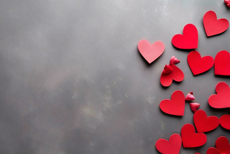A cluster of red heart shapes on a gray background, perfect for celebrating Valentine's Day and expressing love.の写真素材