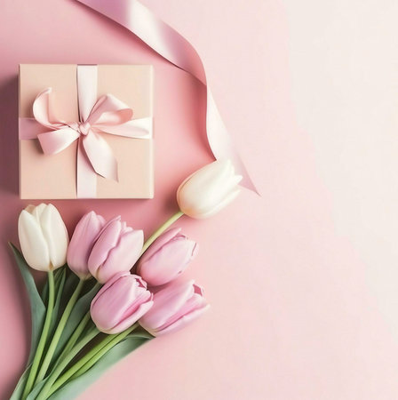 A delicate arrangement of pink tulips and a gift box with a pink ribbon on a pink background.の写真素材