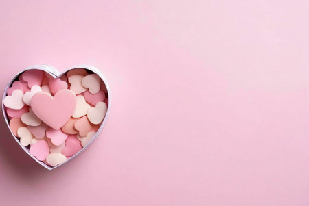 A heart-shaped box filled with smaller pink and white candy hearts sits on a pink background. Perfect for Valentine's Day.の写真素材