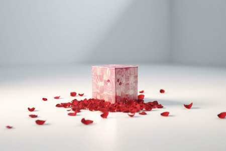 A pink cube-shaped gift box with a floral pattern, surrounded by scattered red rose petals on a...