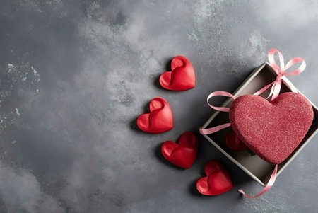 A gift box with a big red heart shaped gift, surrounded by small hearts on a gray backgroundの写真素材