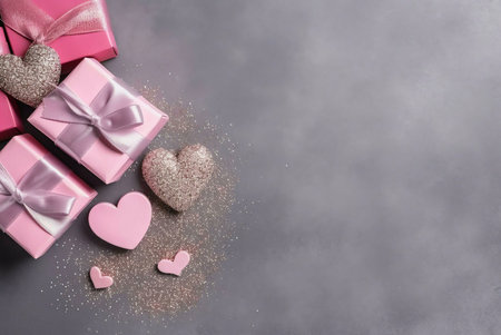 Pink gift boxes and hearts arranged on a gray background with glitter.の写真素材