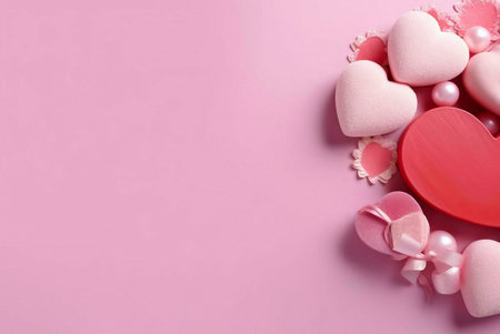 Close-up of pink and red hearts on a pink background. The hearts are arranged in a cluster on the...