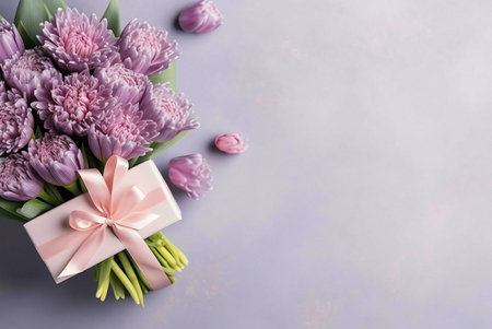 A close-up image of a beautiful bouquet of pink flowers with a pink gift box. The flowers are arranged in a bouquet with a pink ribbon. The background is a light purple and the image has a soft, romantic feel.の写真素材
