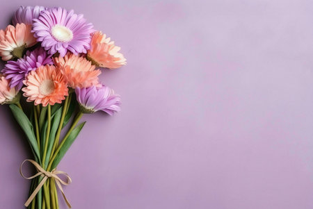 A vibrant bouquet of gerbera daisies in shades of pink, orange, and purple arranged on a soft purple...