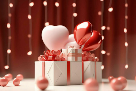 Heart-shaped balloons and beautifully wrapped gifts create a romantic Valentine's Day scene.