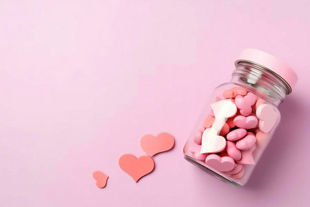 A glass jar filled with pink heart shaped candies on a pink background.の写真素材