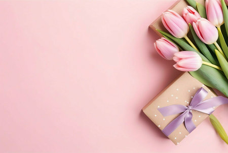 A bouquet of pink tulips and a gift box wrapped in brown paper with a purple ribbon on a pink background.の写真素材