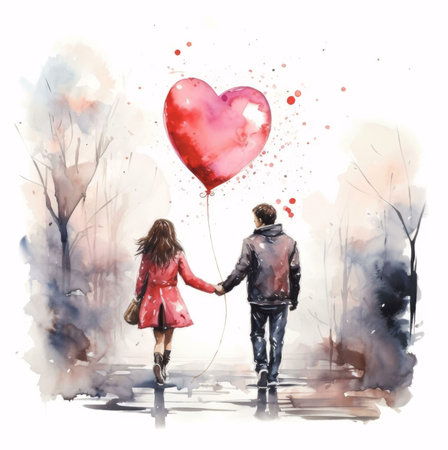 Watercolor painting of a couple walking hand in hand with a heart shaped balloon, the image symbolizes love and togetherness.の写真素材