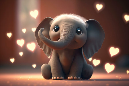 A charming image of a baby elephant with big, bright eyes and a sweet smile, surrounded by glowing hearts.の写真素材