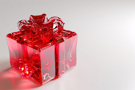 A close up of a red glass gift box with a bow on top.の写真素材
