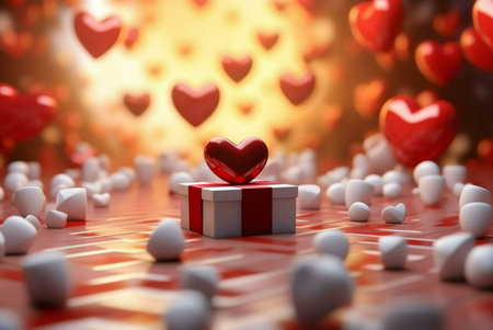 A red heart sits atop a beautifully wrapped gift surrounded by many hearts. It's a perfect image for Valentine's Day.の写真素材