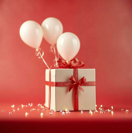 A white gift box with a red ribbon and bow is surrounded by white balloons on a red background, with silver confetti scattered on the surface. The image is a celebration of joy and happiness.の写真素材