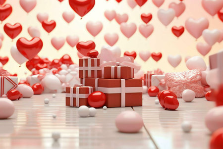 A stack of gifts wrapped with red ribbon and pink bows surrounded by floating heart-shaped balloons,...