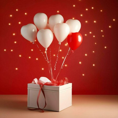 Heart shaped white and red balloons float above a white gift box against a red background.の写真素材