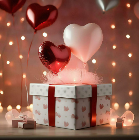 A heart-shaped gift box with red ribbon decorated with heart-shaped balloons for Valentine's Dayの写真素材