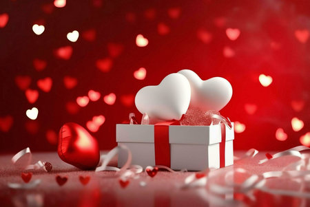 A white gift box with a red ribbon sits on a table with white and red hearts and a blurred background of red hearts.の写真素材