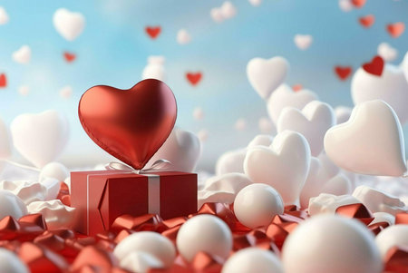 A red heart shaped balloon floats above a red gift box surrounded by white hearts, a romantic scene...