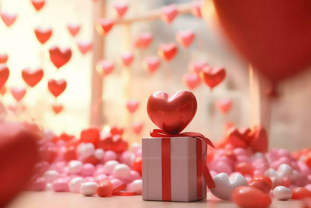 A white gift box with a red ribbon on top of a red heart shaped balloon. The box is surrounded by...