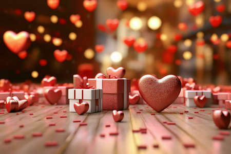 A romantic Valentine's Day scene featuring gifts, hearts, and a blurry lights background. Perfect...