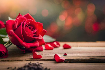 A single red rose with scattered hearts on a rustic wooden surface. Romantic and passionate scene.の写真素材