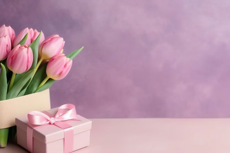 Pink tulips in a beige box with a pink gift, perfect for Mother's Day or any special occasion. Soft colors and serene atmosphere.の写真素材