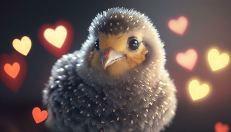 A close-up of a cute baby bird with fluffy feathers and big eyes. The bird is surrounded by glowing...