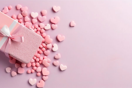 Pink gift box with ribbon and heart shaped candies scattered around. Perfect for Valentine's Day.の写真素材