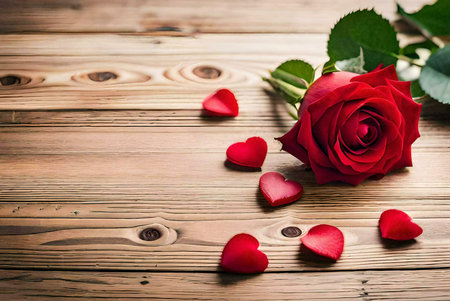 Single red rose with petals scattered on a wooden background, perfect for Valentines day.