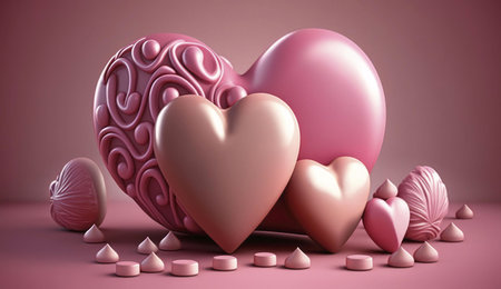 A collection of pink and white chocolate hearts in the shape of hearts, representing love and...