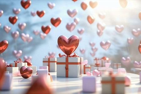 A beautiful composition of red and pink hearts floating around a white gift box with a red ribbon....