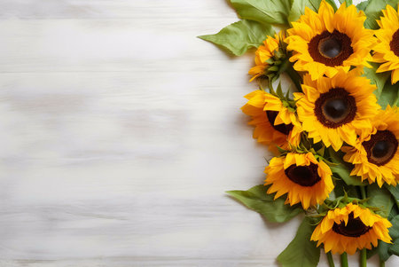 A beautiful arrangement of sunflowers on a white wooden background. The bright yellow petals and green leaves contrast beautifully with the white backdrop, creating a vibrant and cheerful image.の写真素材