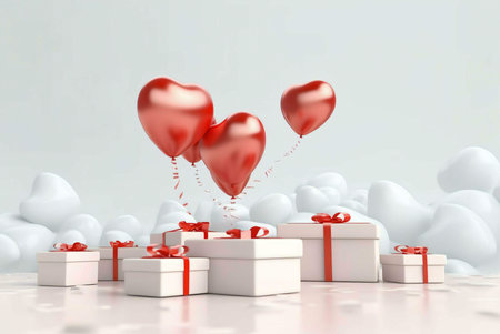 A festive composition featuring red heart-shaped balloons floating above white gift boxes tied with red ribbons. This whimsical scene is perfect for celebrating Valentine's Day or any romantic occasion.の写真素材