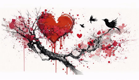 A stylized tree with a heart as its core and birds flying around it, painted in a digital art styleの写真素材