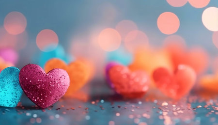 Close-up of glittery hearts with bokeh background for Valentine's Day.の写真素材