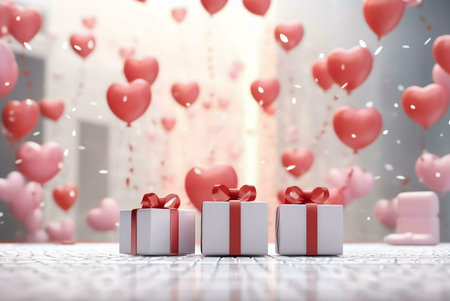 Three white gift boxes with red ribbons on a white background with red and pink heart shaped...