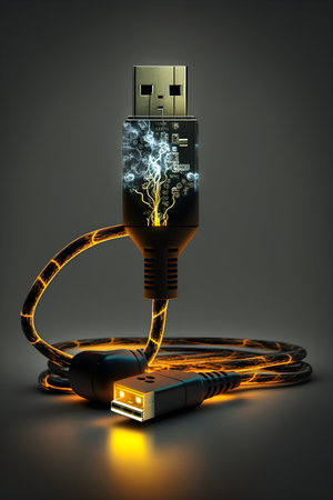 A close up of a USB cable with glowing wires. The cable is plugged into a device and the wires are...