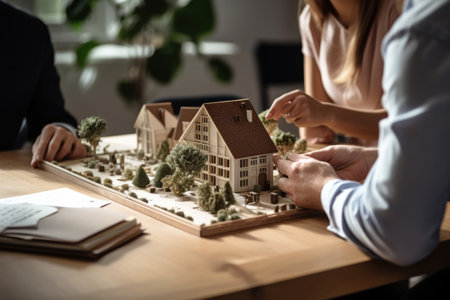 Couple discussing a house model with real estate agent, exploring the potential of their dream home.の写真素材
