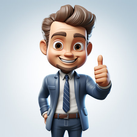 A 3D cartoon businessman smiling and giving a thumbs up. The character is dressed in a blue suit and tie and appears to be very happy.の写真素材
