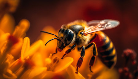 A close-up shot of a bee perched on a vibrant yellow flower, its wings outstretched as it collects nectar.の写真素材