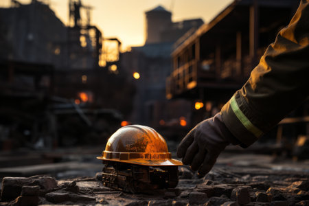 A firefighter's gloved hand reaches towards a hardhat resting on a debris-filled ground, signifying the aftermath of a potentially dangerous situation.の写真素材