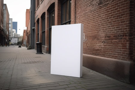 A blank sign stands against a brick wall in an urban alleyway, offering a clean canvas for designの写真素材