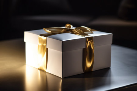 A beautifully wrapped white gift box adorned with a golden ribbon, radiating a sense of elegance and...