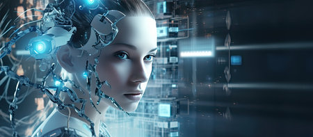 A portrait of a cybernetic woman, showing the fusion of technology and humanity. Her face is adorned...