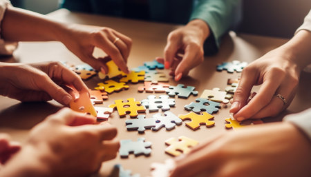 A close-up shot of hands putting together a puzzle. The people are working together to complete the...