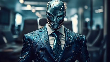 A robotic man with a metal mask stands in a futuristic setting wearing a suit.の写真素材