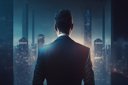 A businessman stands with his back to the viewer, gazing at the cityscapeの写真素材