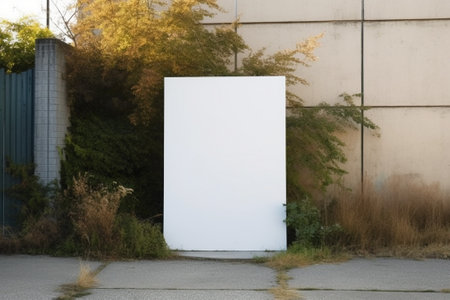 A large, white blank panel stands against a concrete wall in an urban setting. The panel is a blank canvas, ready for a message or design.の写真素材