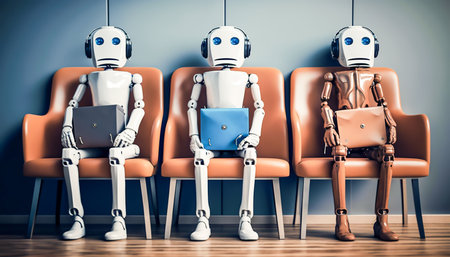 Three robots sitting in a waiting room, seemingly waiting for job interviews.の写真素材