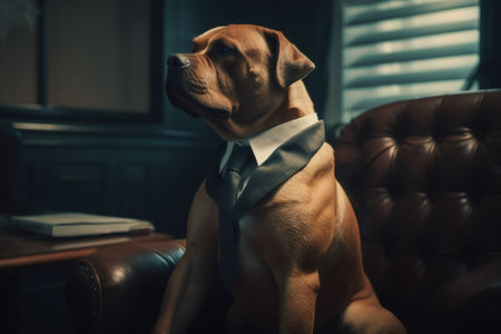 A brown dog in a suit, sitting on a leather chair, looking at something with a serious expression.の写真素材
